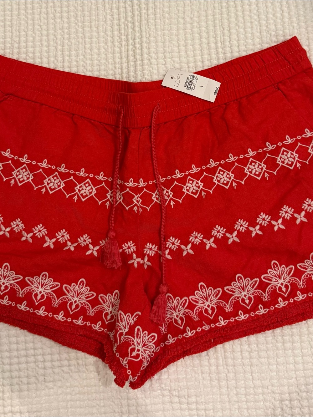 LOFT Red Embroidered Tassel Drawstring elastic waist linen Shorts